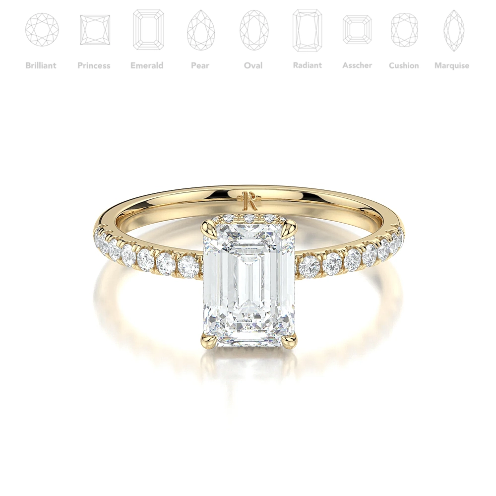 18K Gold Pave Band Hidden Halo Engagement Ring with Fancy Cut Diamond (1-2ct, F-VS2 or better)