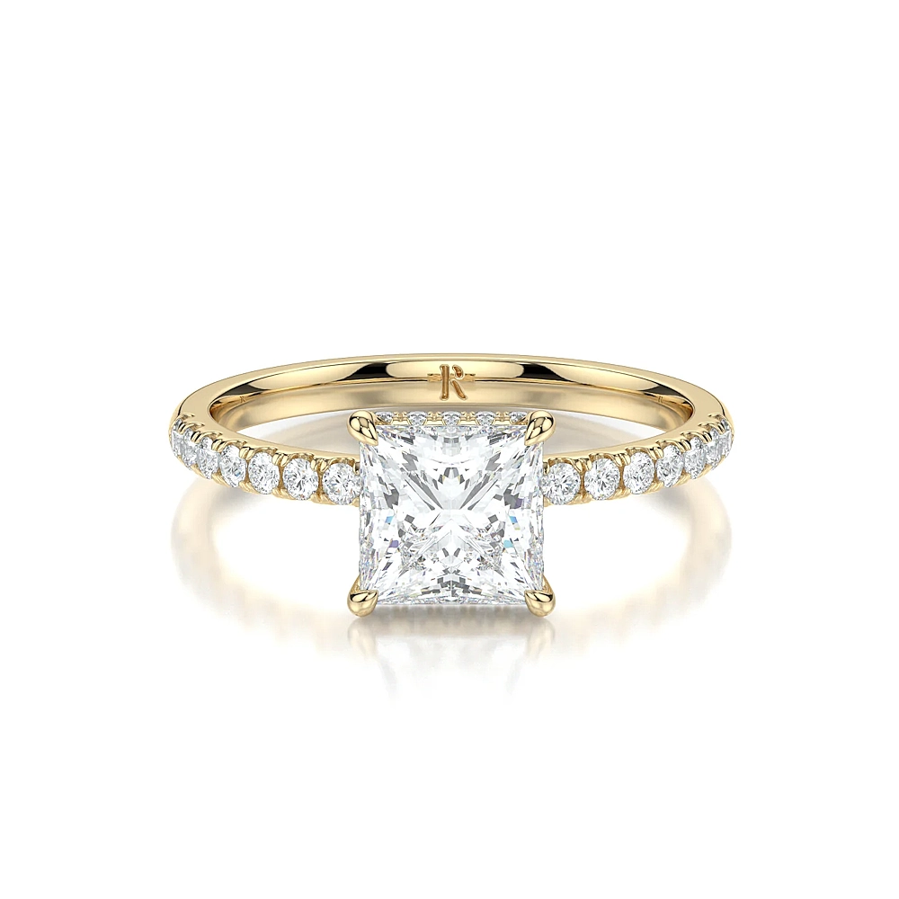18K Gold Pave Band Hidden Halo Engagement Ring with Fancy Cut Diamond (1-2ct, F-VS2 or better) - Image 11