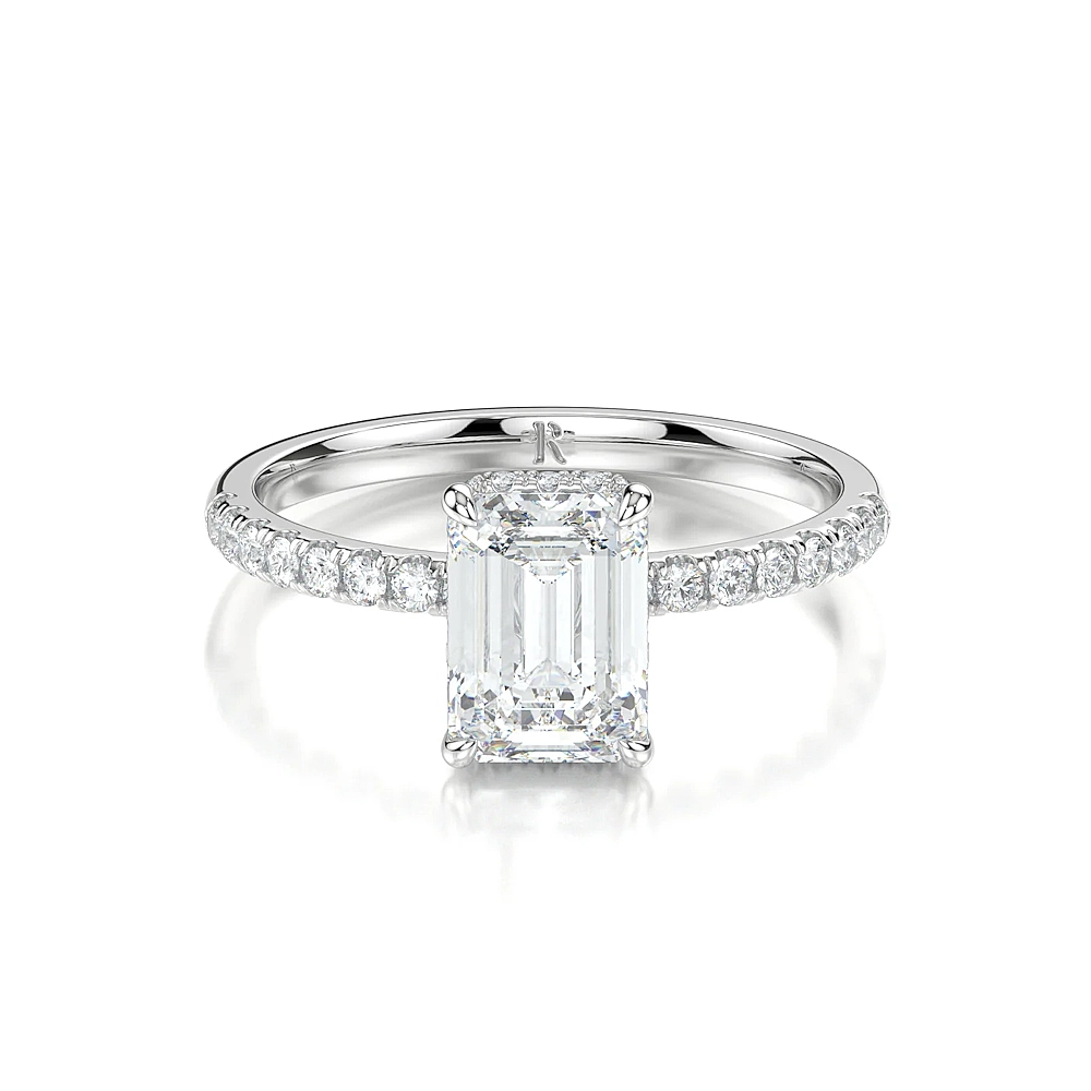 18K Gold Pave Band Hidden Halo Engagement Ring with Fancy Cut Diamond (1-2ct, F-VS2 or better) - Image 4