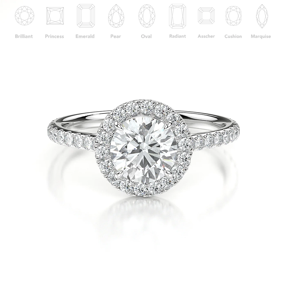 18K Gold Pave Band Halo Engagement Ring with Fancy Cut Diamond (1-2ct, F-VS2 or better)