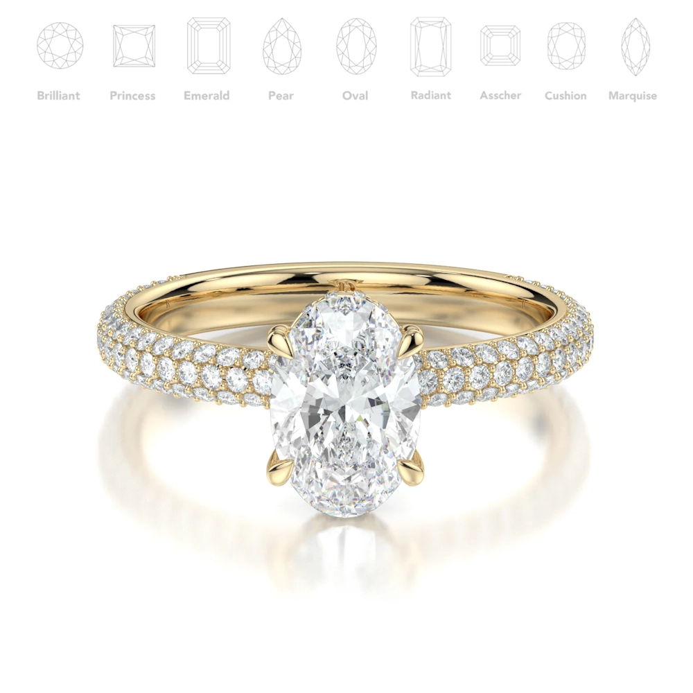 18K Gold 3 Row Pave Hidden Halo Engagement Ring with Fancy Cut Diamond (1-2ct, F+, VS2+)