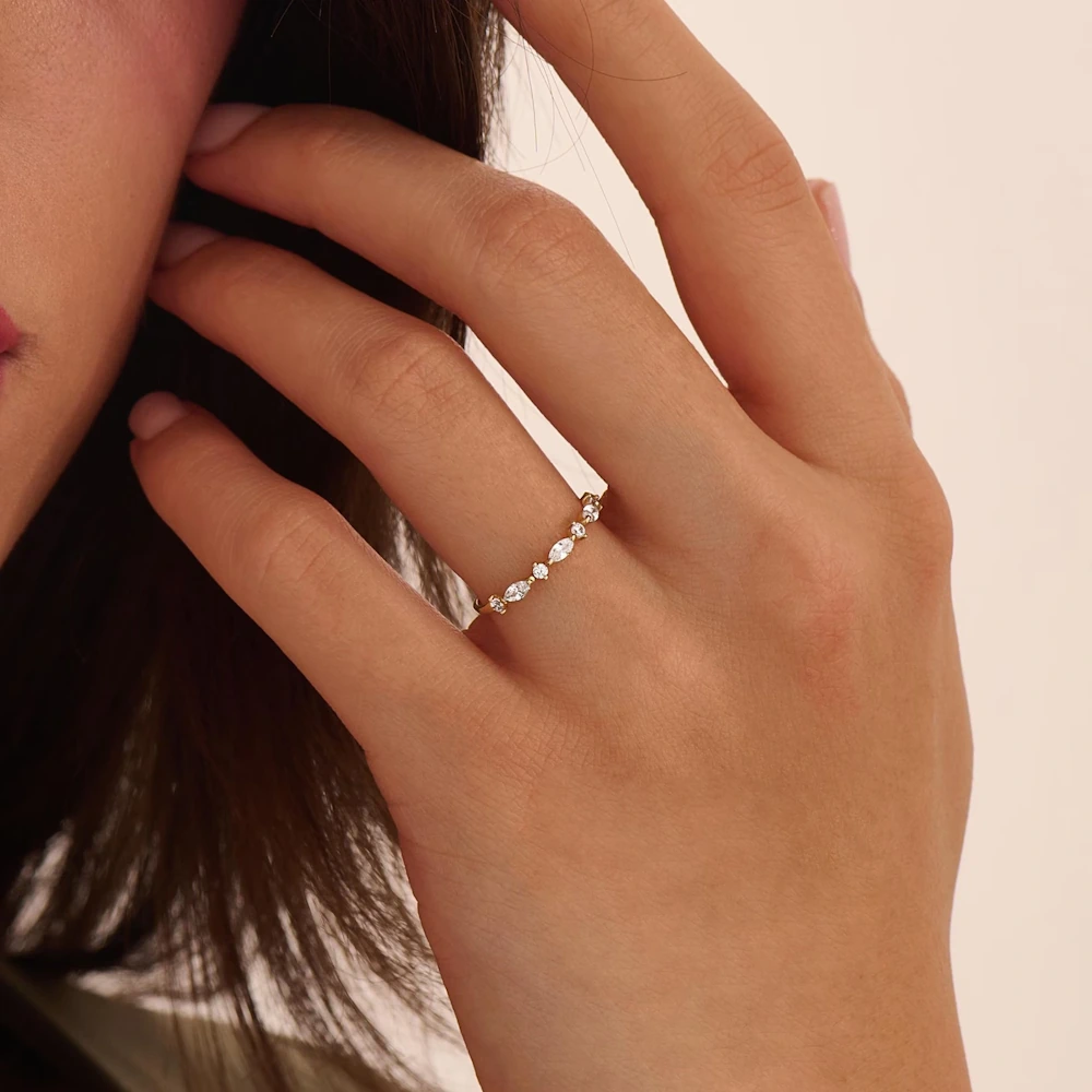 Floral Embrace Solid Gold Half Eternity Ring with Cubic Zirconia - Image 7